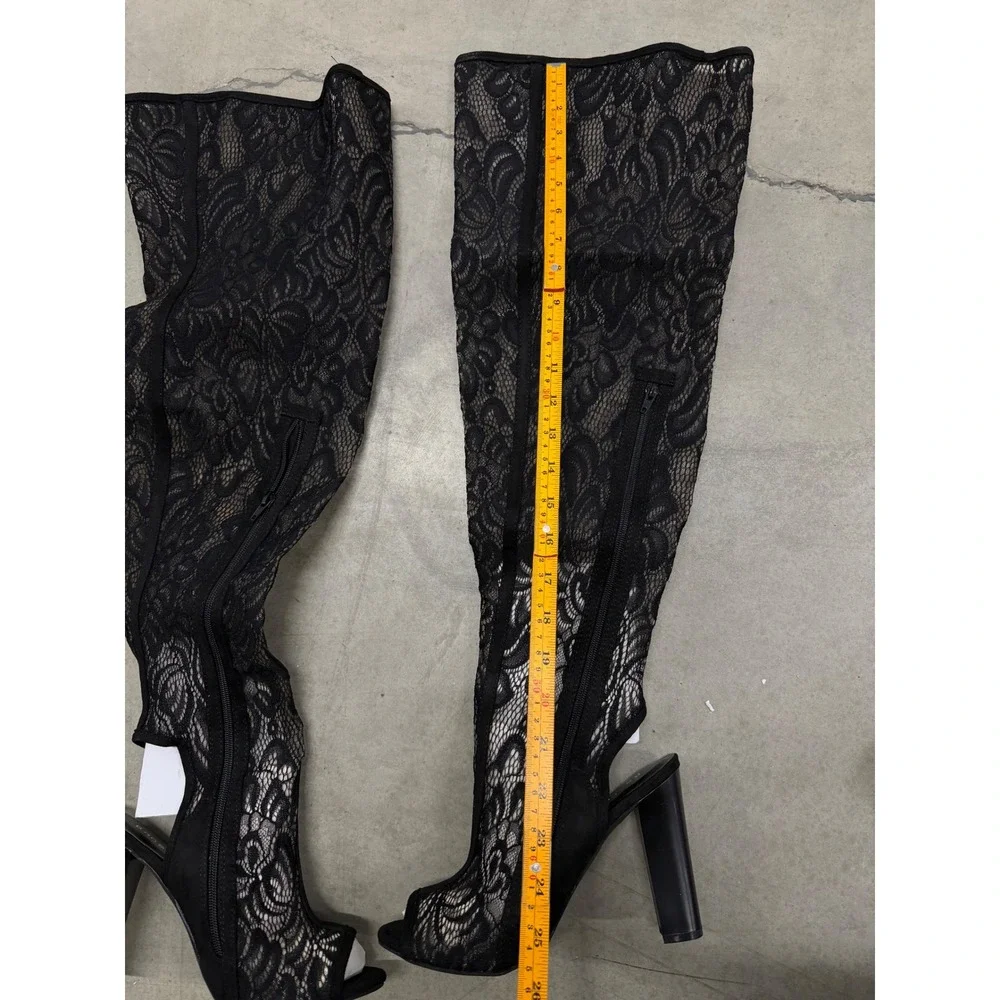 Bamboo Black Lace Over The Knee Boots Open Toe Block Heel Thigh High Size 8.5